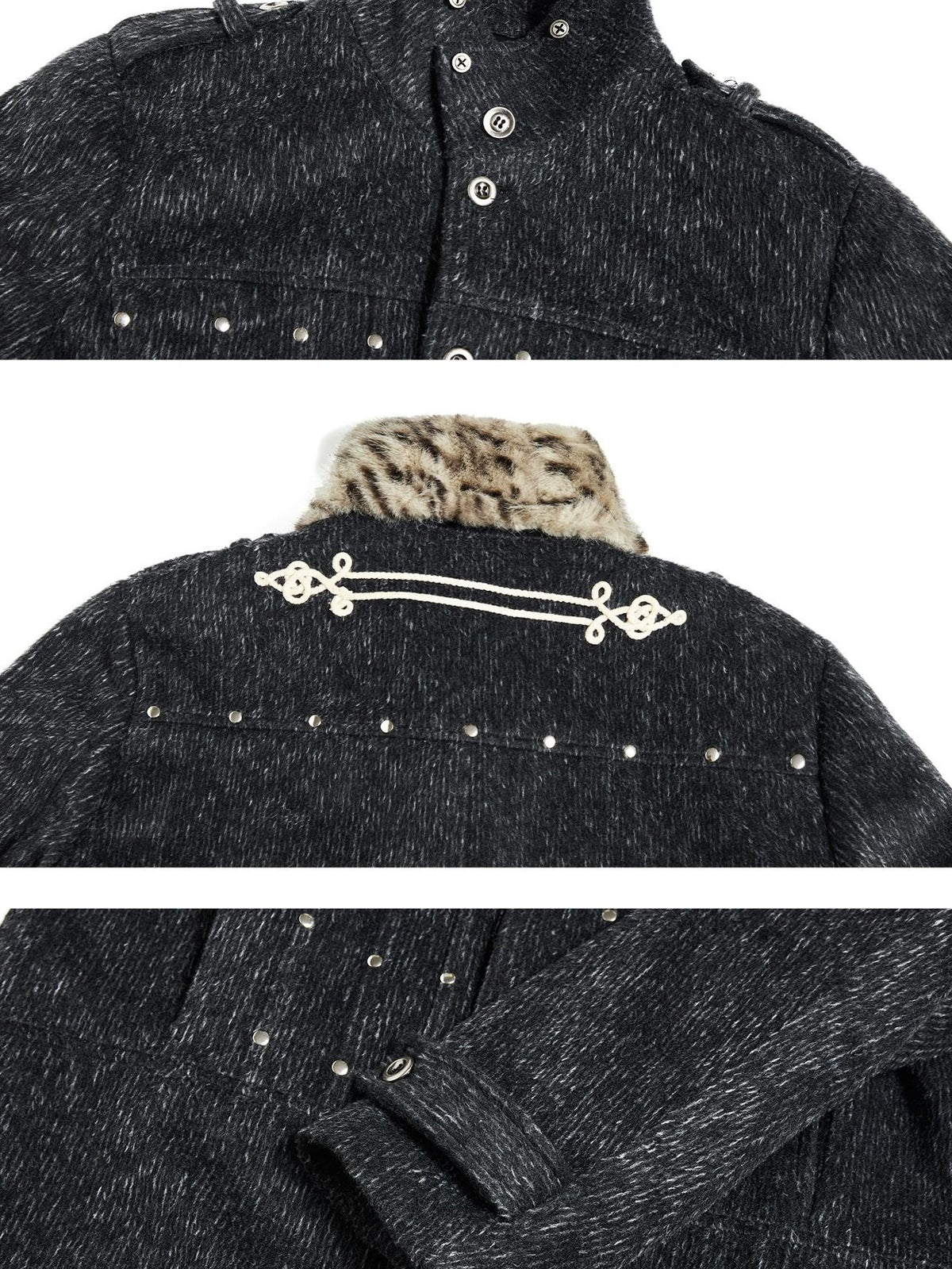 EMOBROTHER Vintage Leopard Print Detachable Faux Fur Collar Belted Wool Blend Women's Trench Coats
