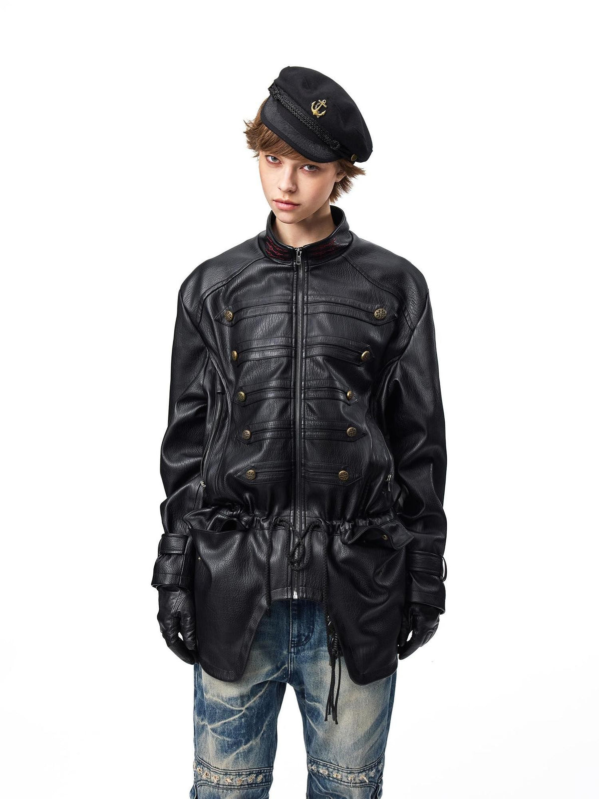 EMOBROTHER Vintage Napoleon Embroidered Stand Collar Pu Women's Leather Jackets