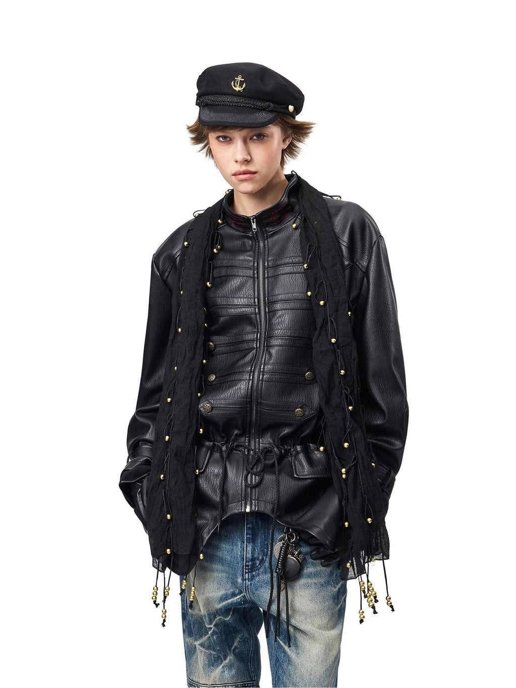EMOBROTHER Vintage Napoleon Embroidered Stand Collar Pu Women's Leather Jackets