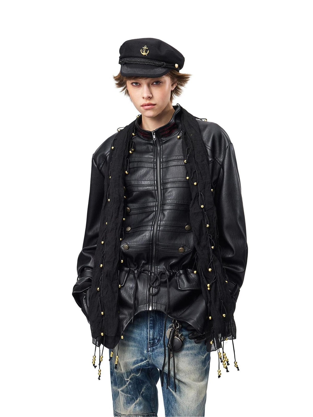 EMOBROTHER Vintage Napoleon Embroidered Stand Collar Pu Women's Leather Jackets