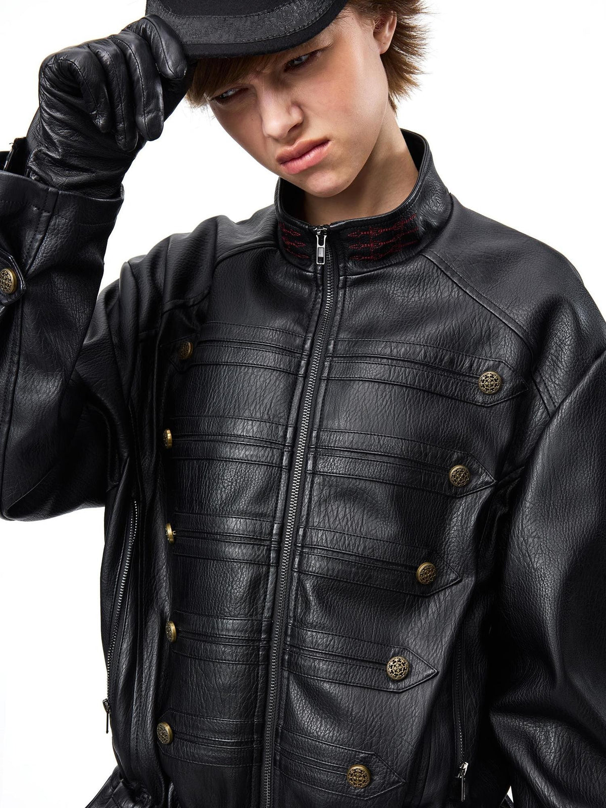 EMOBROTHER Vintage Napoleon Embroidered Stand Collar Pu Women's Leather Jackets