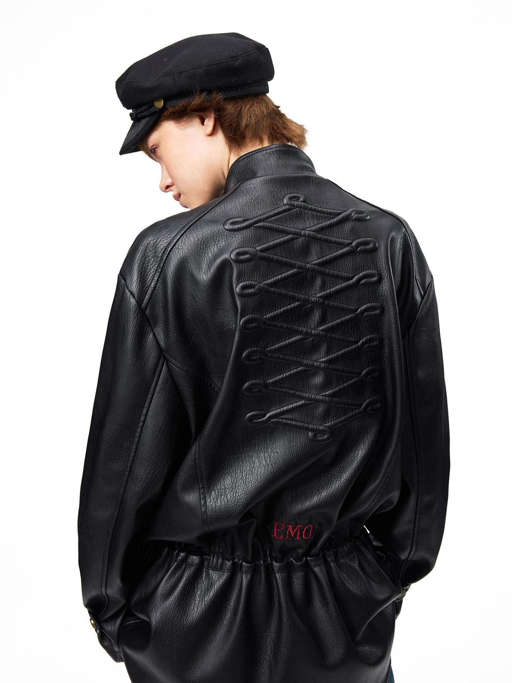 EMOBROTHER Vintage Napoleon Embroidered Stand Collar Pu Women's Leather Jackets