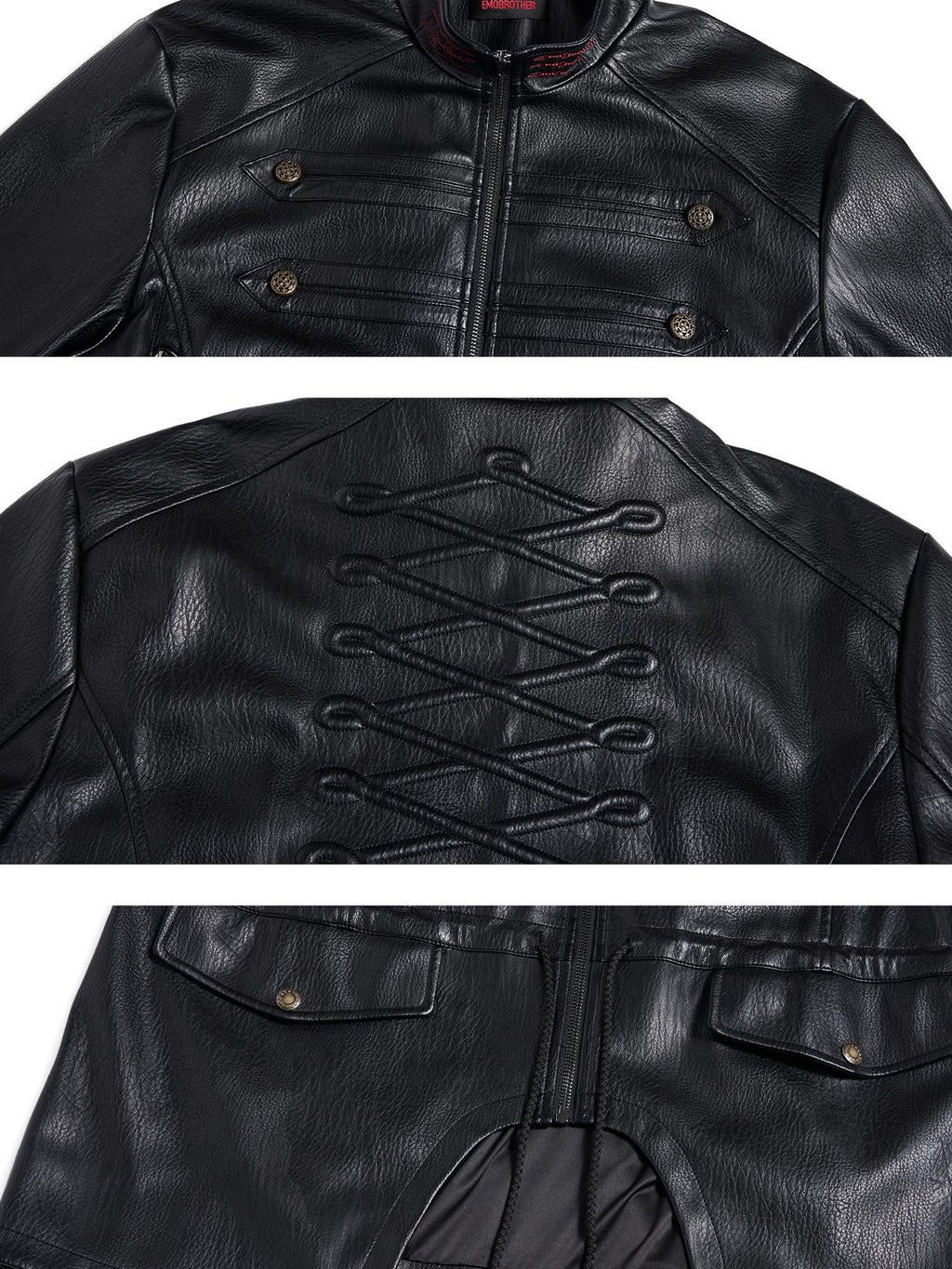 EMOBROTHER Vintage Napoleon Embroidered Stand Collar Pu Women's Leather Jackets