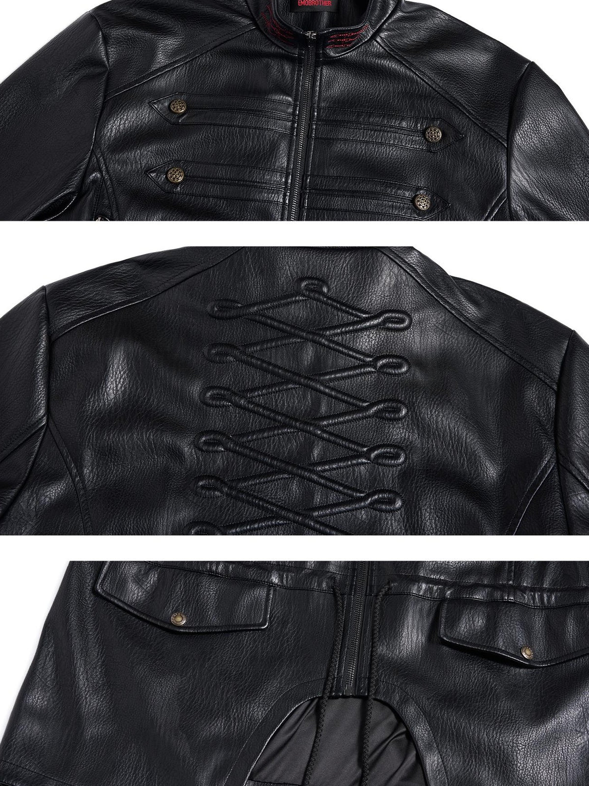 EMOBROTHER Vintage Napoleon Embroidered Stand Collar Pu Women's Leather Jackets