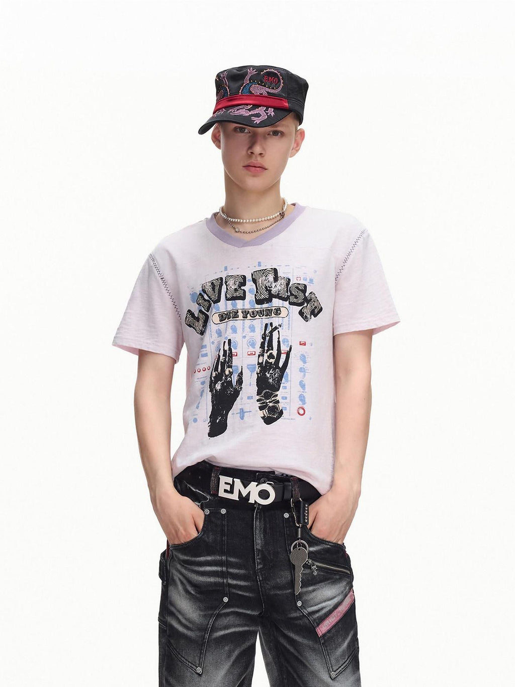 EMOBROTHER Vintage Rugby Distressed Print V-neck Women's Slub Cotton Short Sleeve T-shirts