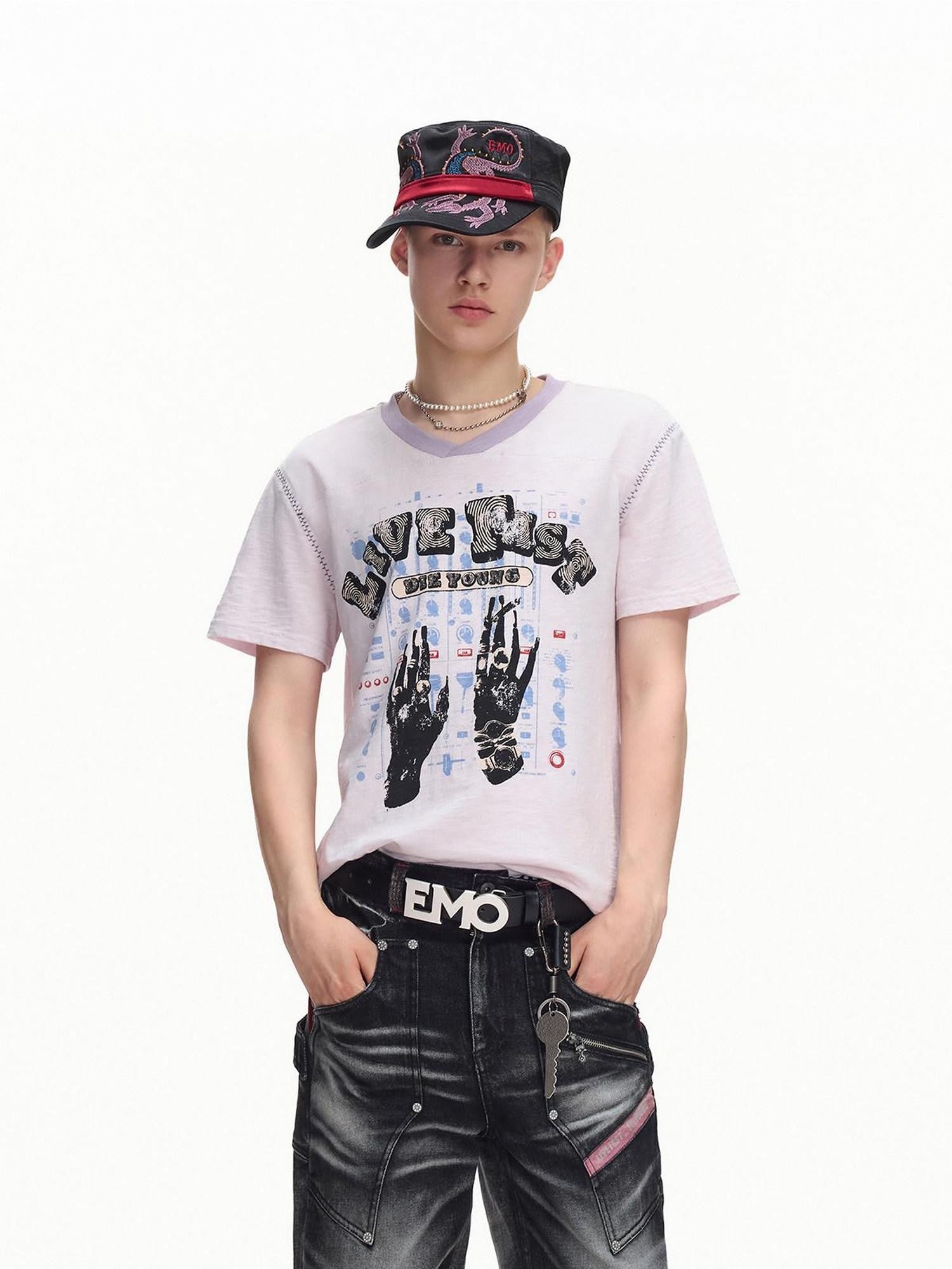 EMOBROTHER Vintage Rugby Distressed Print V-neck Women's Slub Cotton Short Sleeve T-shirts