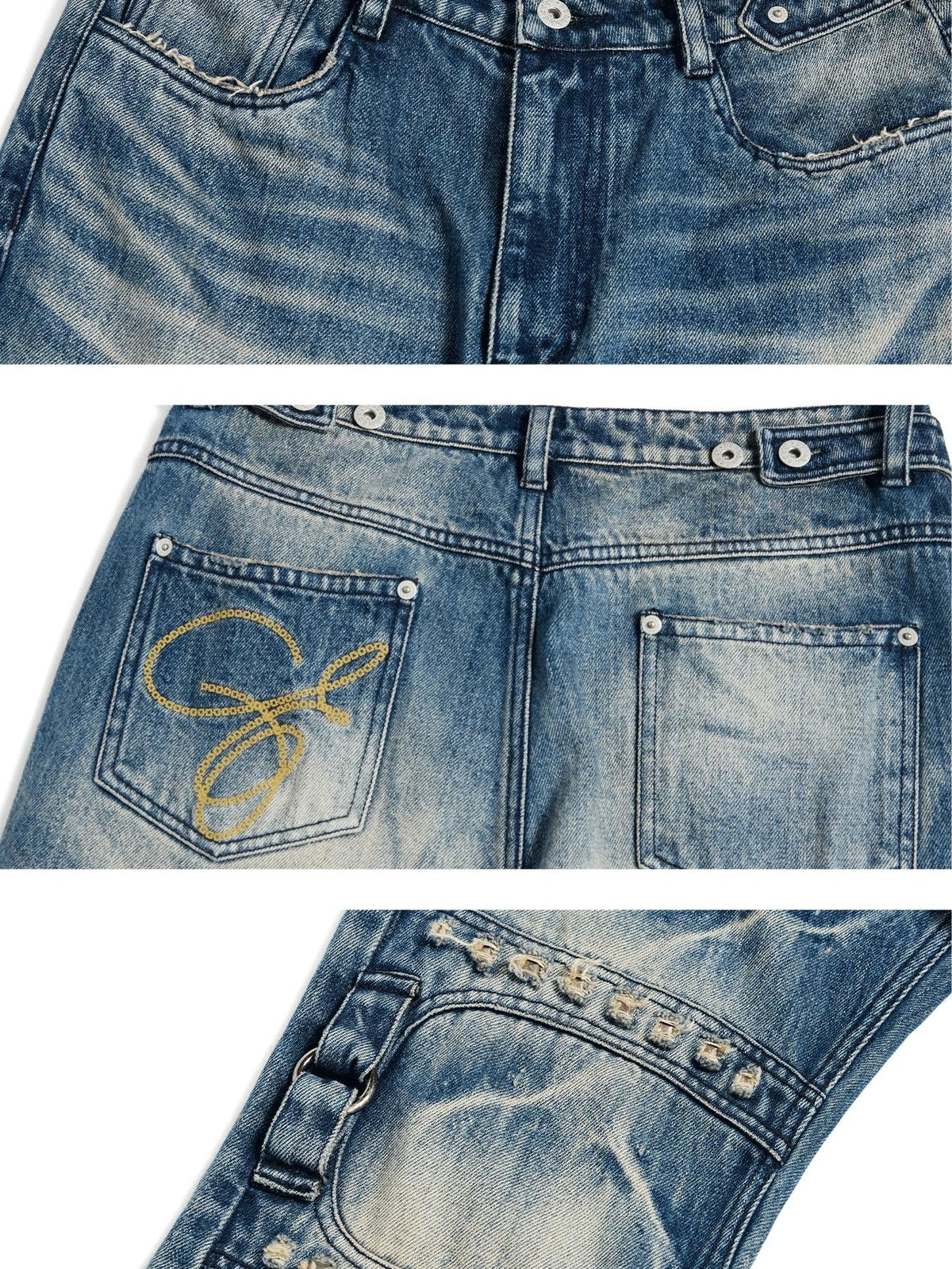 EMOBROTHER Vintage Wash Studded Distressed Letter Women's Cotton Slim Fit Bootcut Jeans