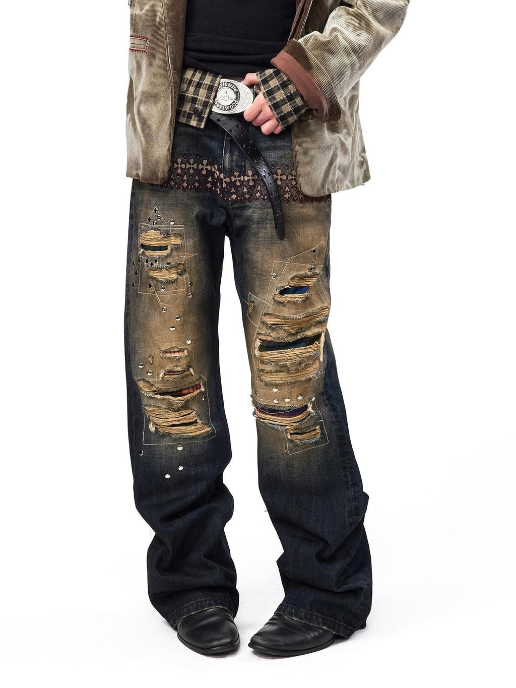 EMOBROTHER Vintage Washed Distressed Patchwork Plaid Women's Cotton Bootcut Jeans