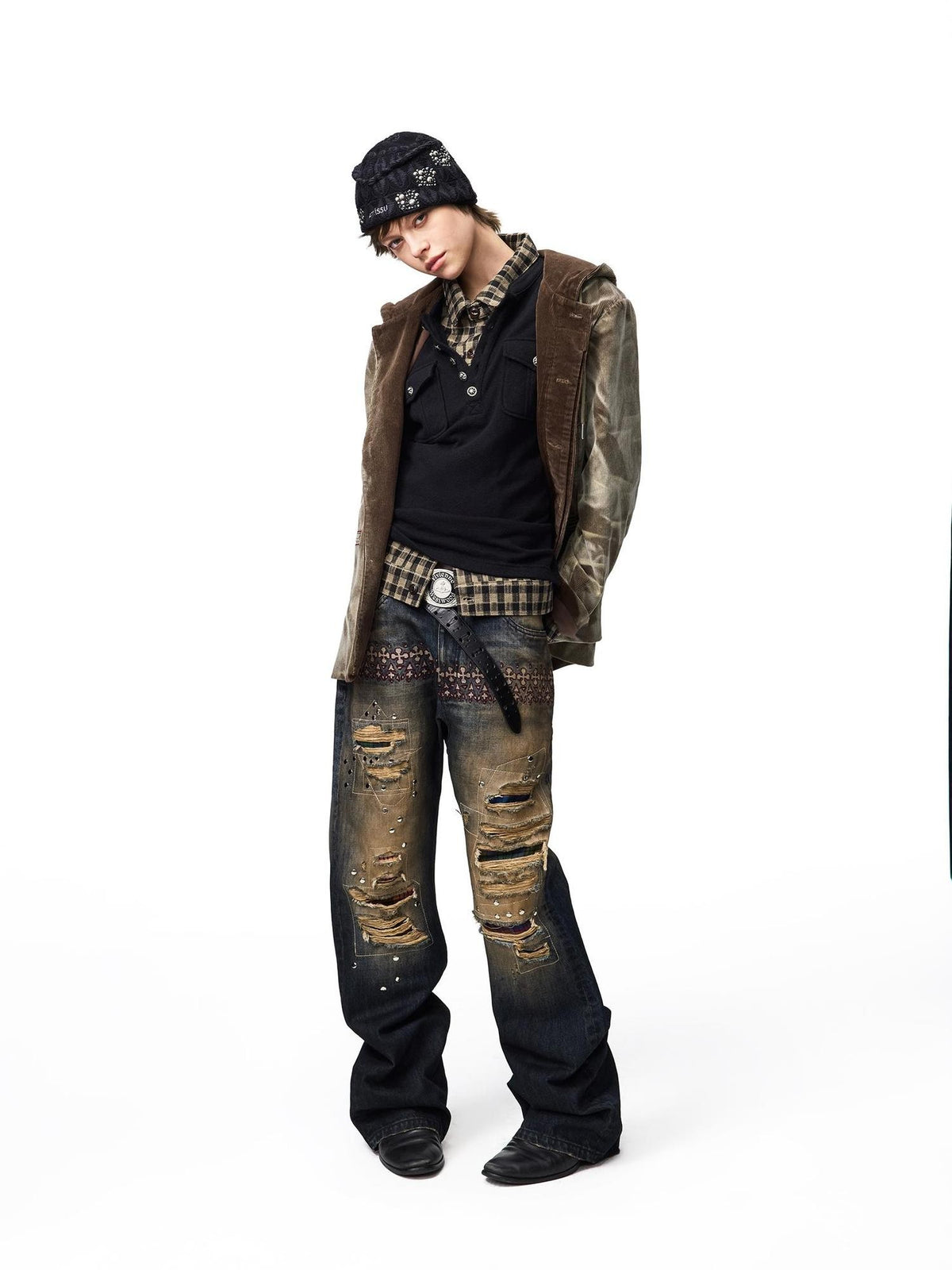 EMOBROTHER Vintage Washed Distressed Patchwork Plaid Women's Cotton Bootcut Jeans