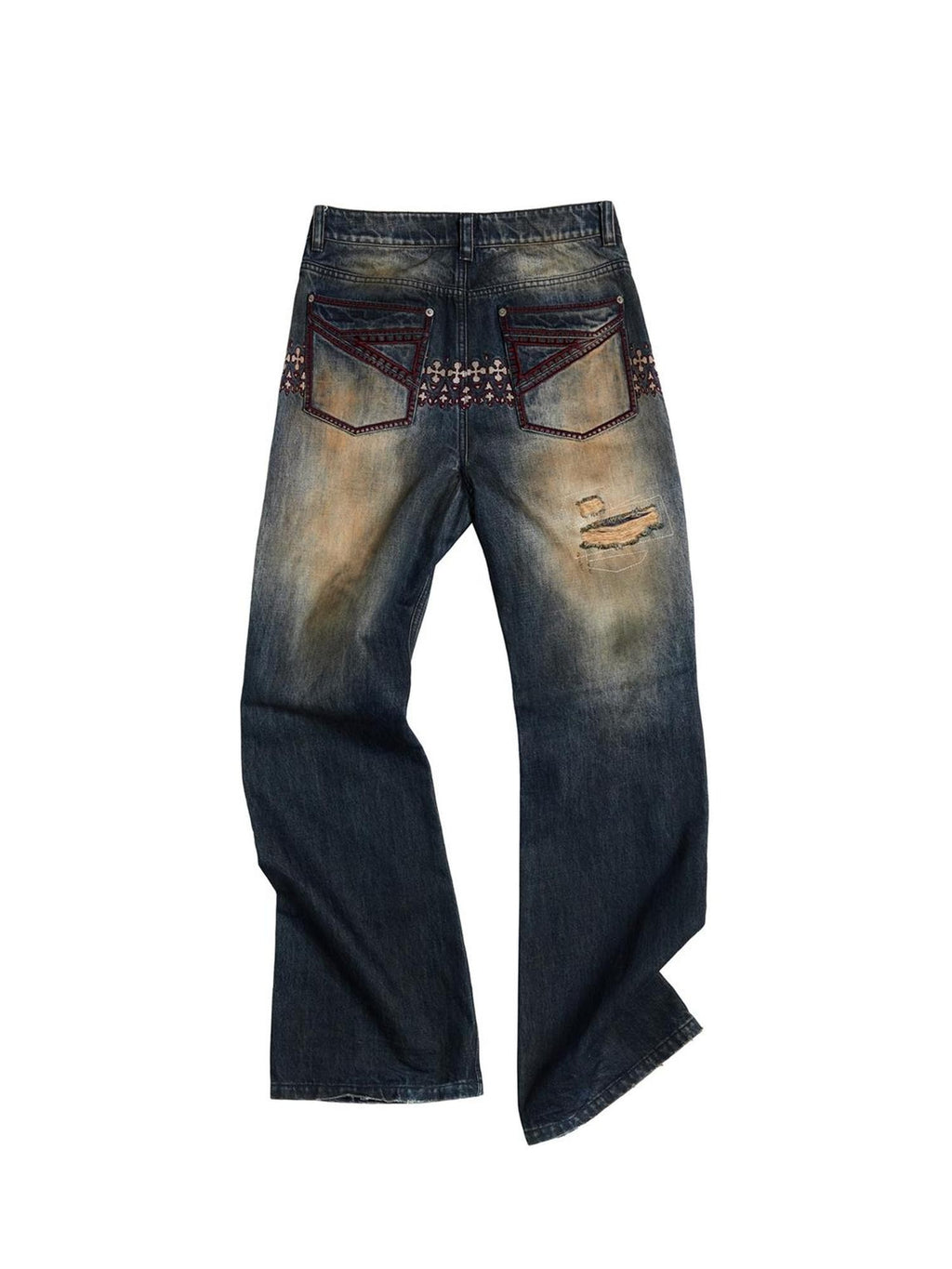 EMOBROTHER Vintage Washed Distressed Patchwork Plaid Women's Cotton Bootcut Jeans