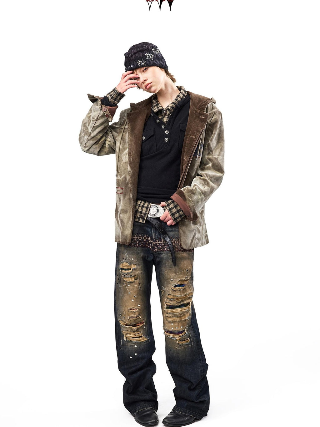 EMOBROTHER Vintage Washed Distressed Patchwork Plaid Women's Cotton Bootcut Jeans