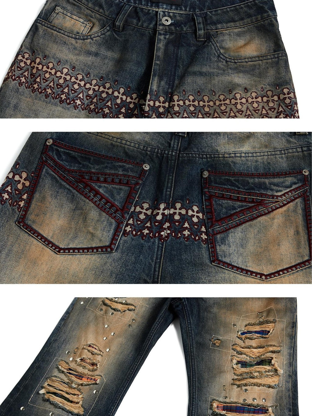 EMOBROTHER Vintage Washed Distressed Patchwork Plaid Women's Cotton Bootcut Jeans