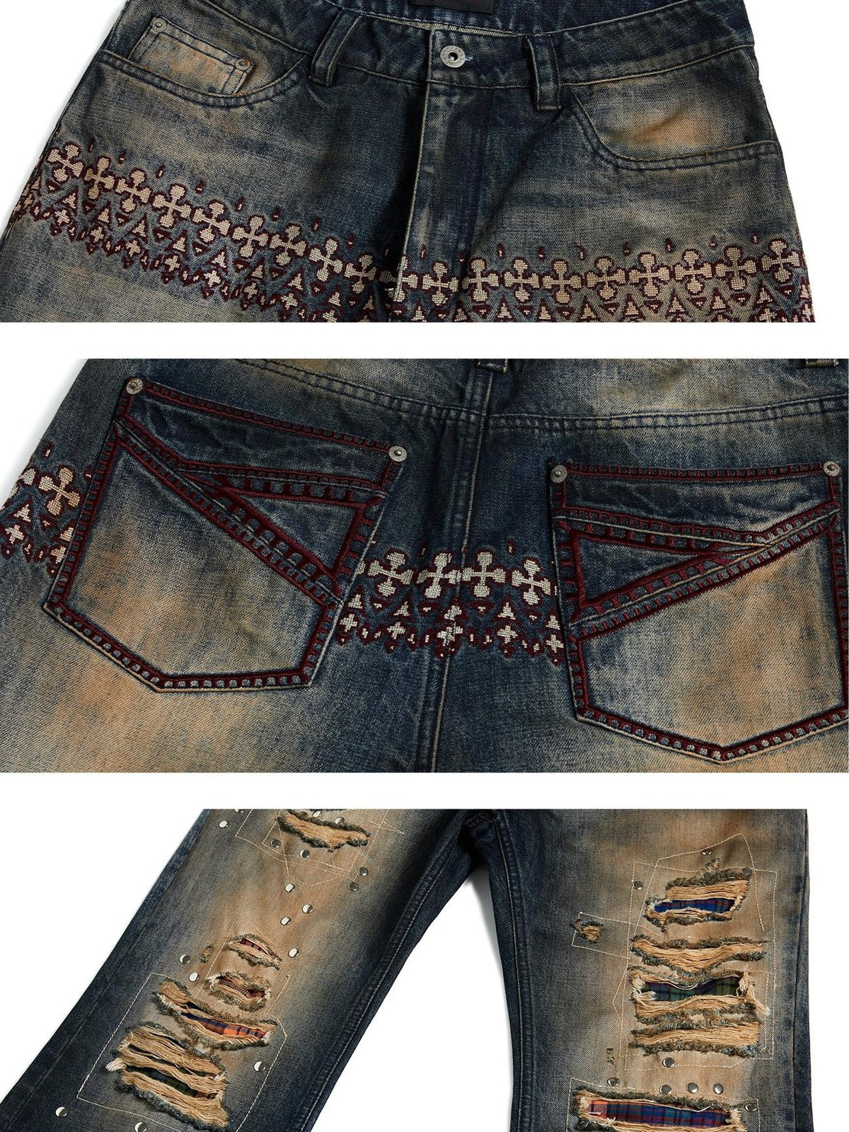 EMOBROTHER Vintage Washed Distressed Patchwork Plaid Women's Cotton Bootcut Jeans