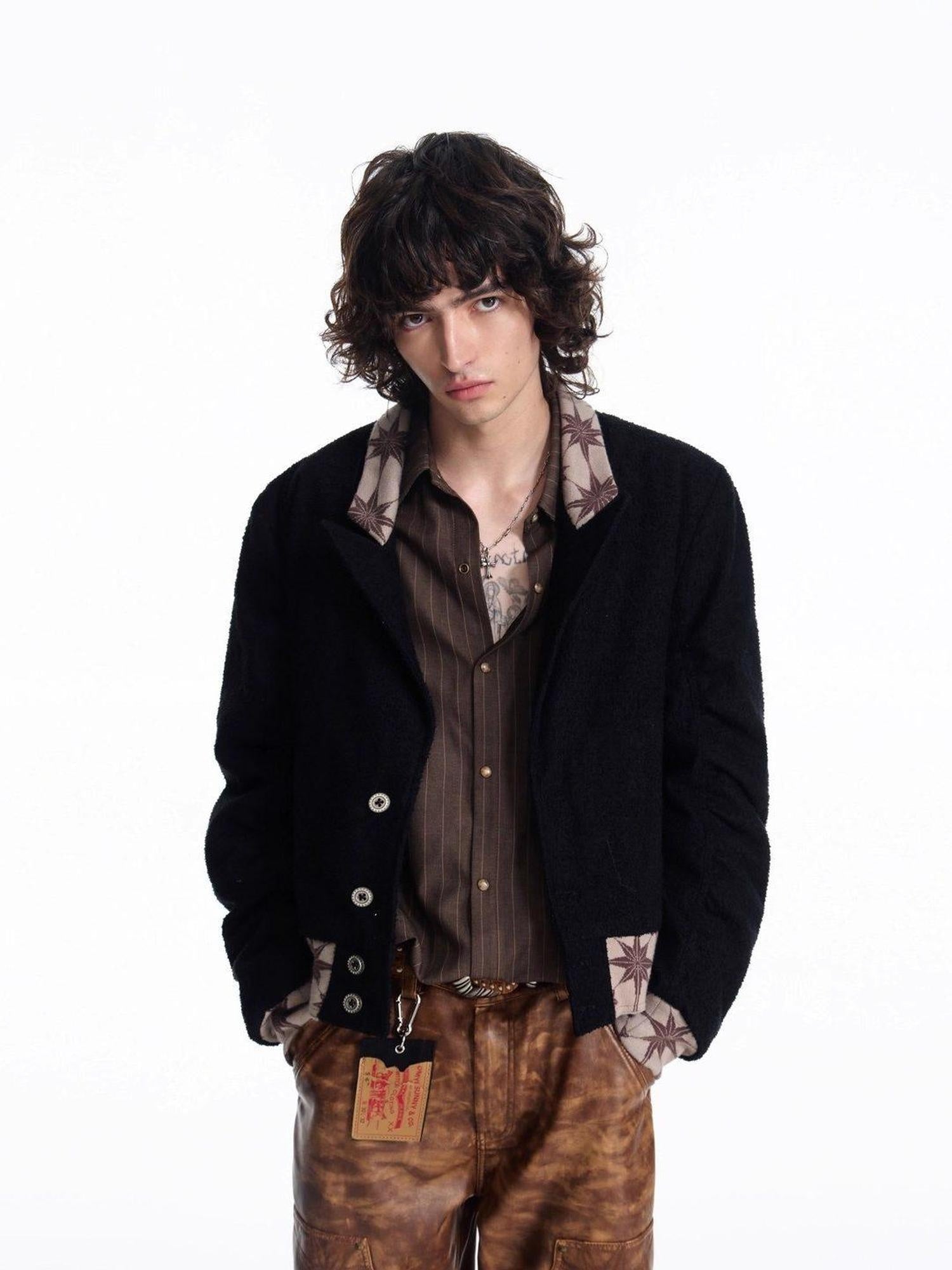 EMOBROTHER Warm Cotton Loose Patchwork Cropped Blazer Unisex Commuter Black Casual Jackets