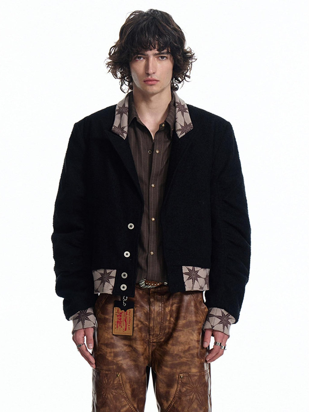 EMOBROTHER Warm Cotton Loose Patchwork Cropped Blazer Unisex Commuter Black Casual Jackets