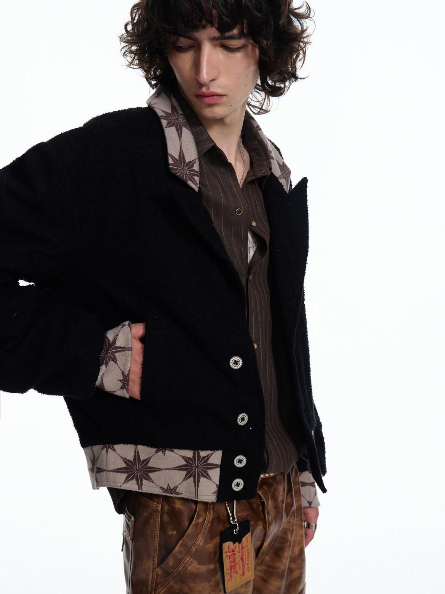 EMOBROTHER Warm Cotton Loose Patchwork Cropped Blazer Unisex Commuter Black Casual Jackets