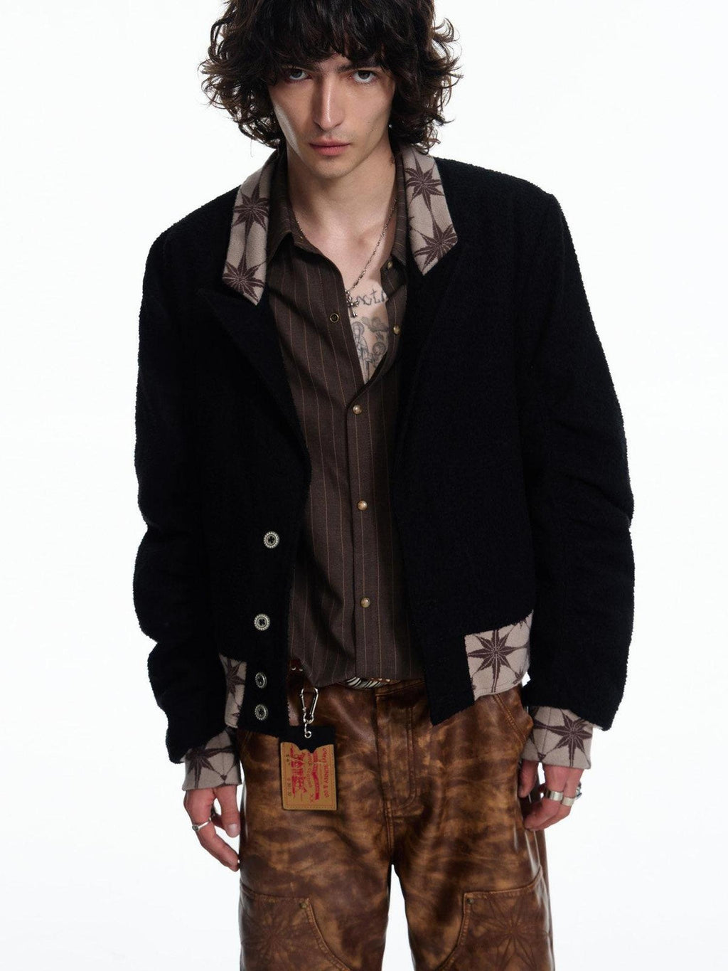 EMOBROTHER Warm Cotton Loose Patchwork Cropped Blazer Unisex Commuter Black Casual Jackets