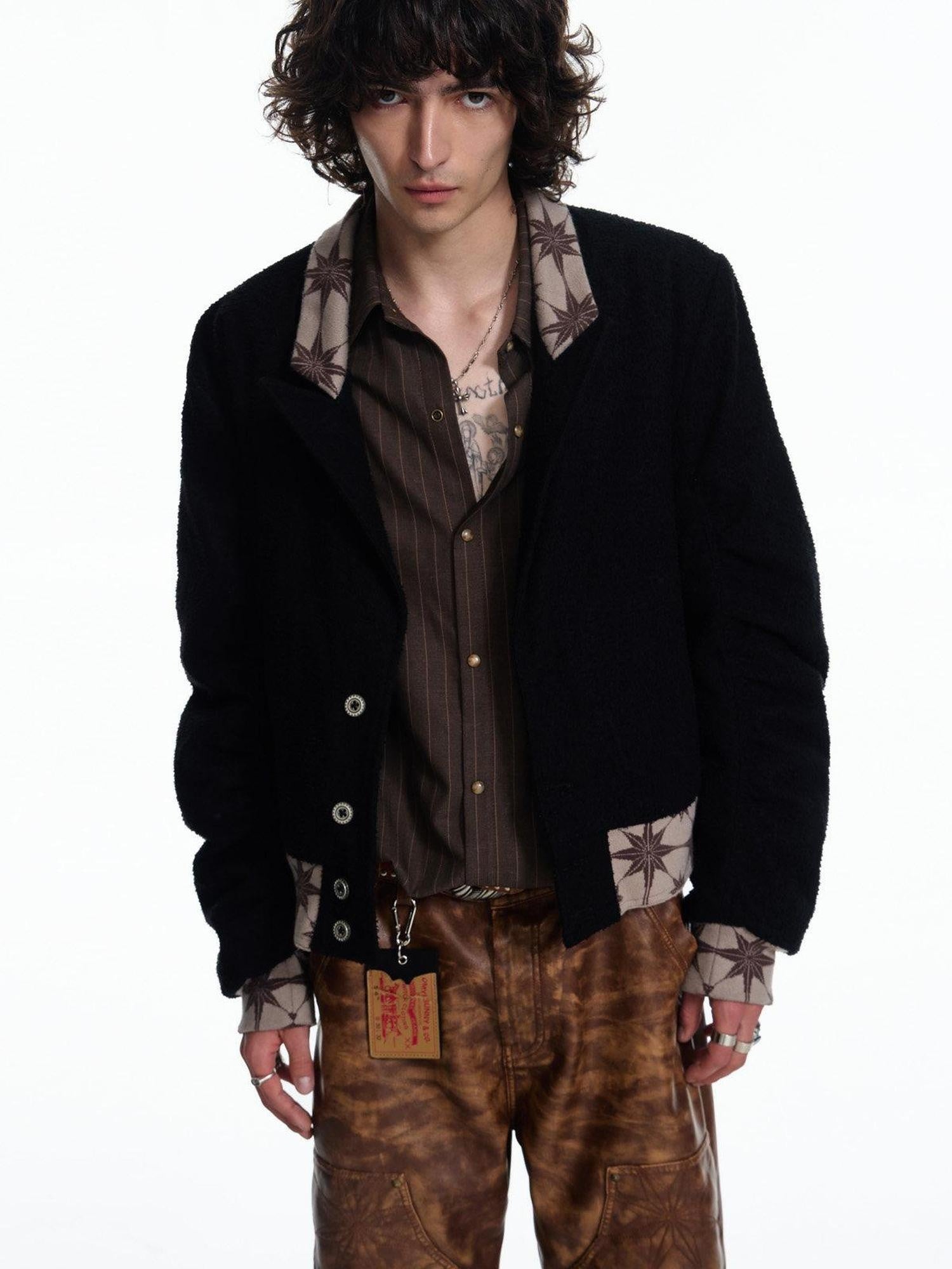 EMOBROTHER Warm Cotton Loose Patchwork Cropped Blazer Unisex Commuter Black Casual Jackets