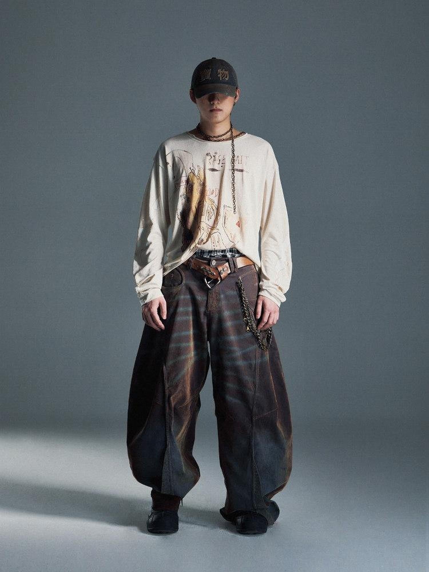 EMOBROTHER Warm Cotton Lowrise Loose Flare Brown Denim Zipper Wide-Leg Jeans