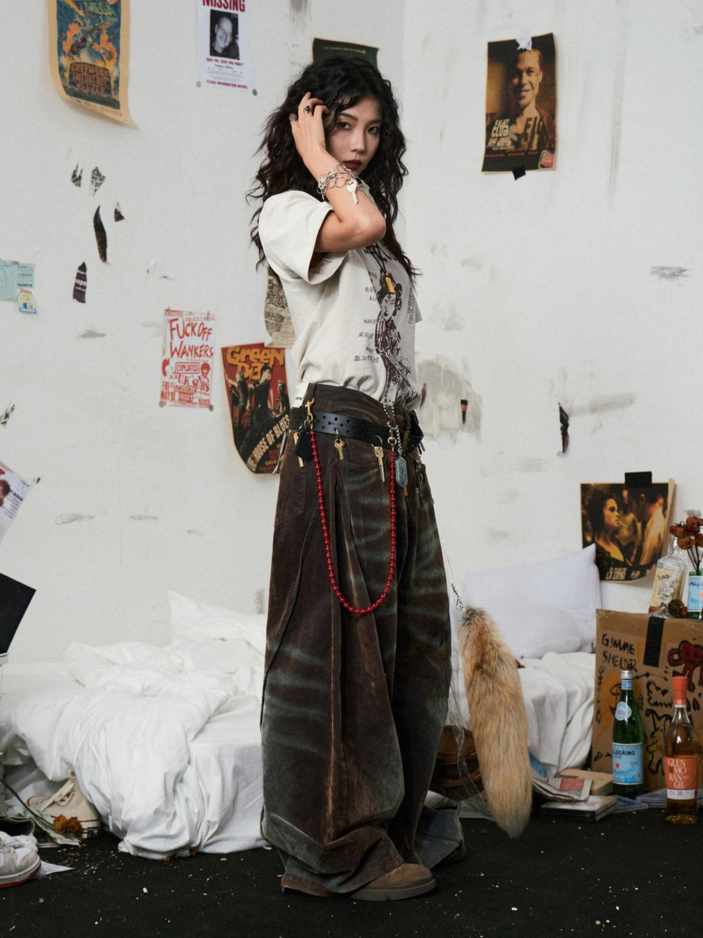 EMOBROTHER Warm Cotton Lowrise Loose Flare Brown Denim Zipper Wide-Leg Jeans