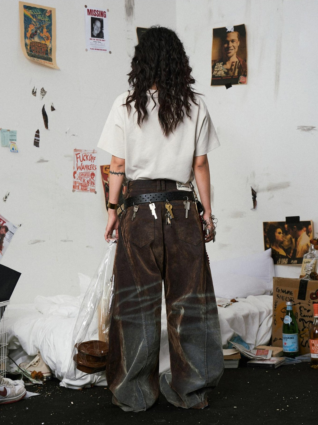 EMOBROTHER Warm Cotton Lowrise Loose Flare Brown Denim Zipper Wide-Leg Jeans