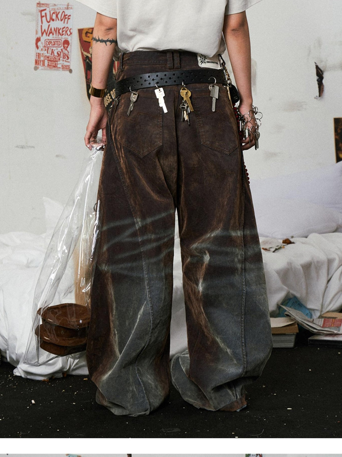 EMOBROTHER Warm Cotton Lowrise Loose Flare Brown Denim Zipper Wide-Leg Jeans