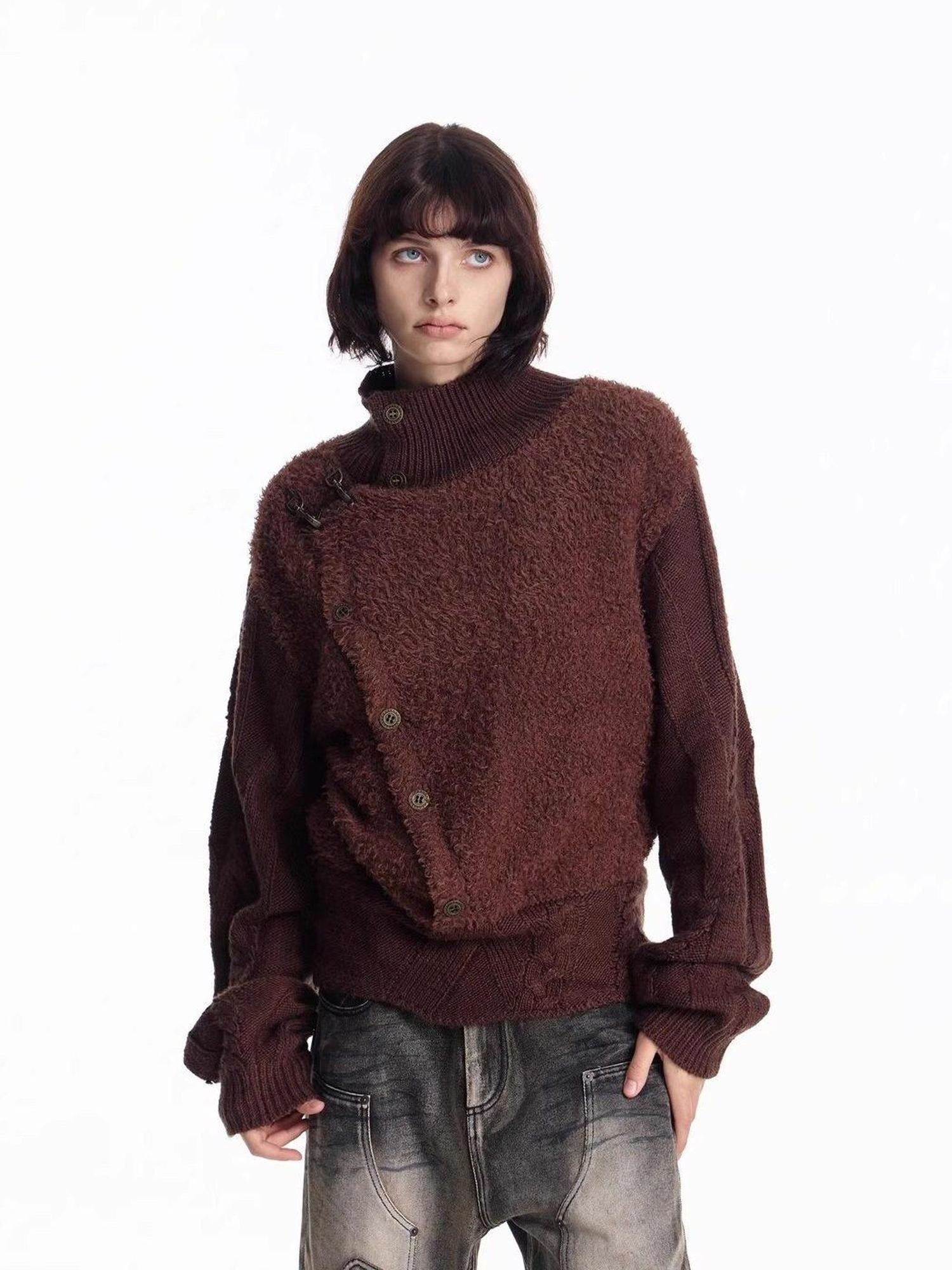 EMOBROTHER Warm Metal Accent Turtleneck Vintage Irregular Cable Knit Unisex Brown Sweaters