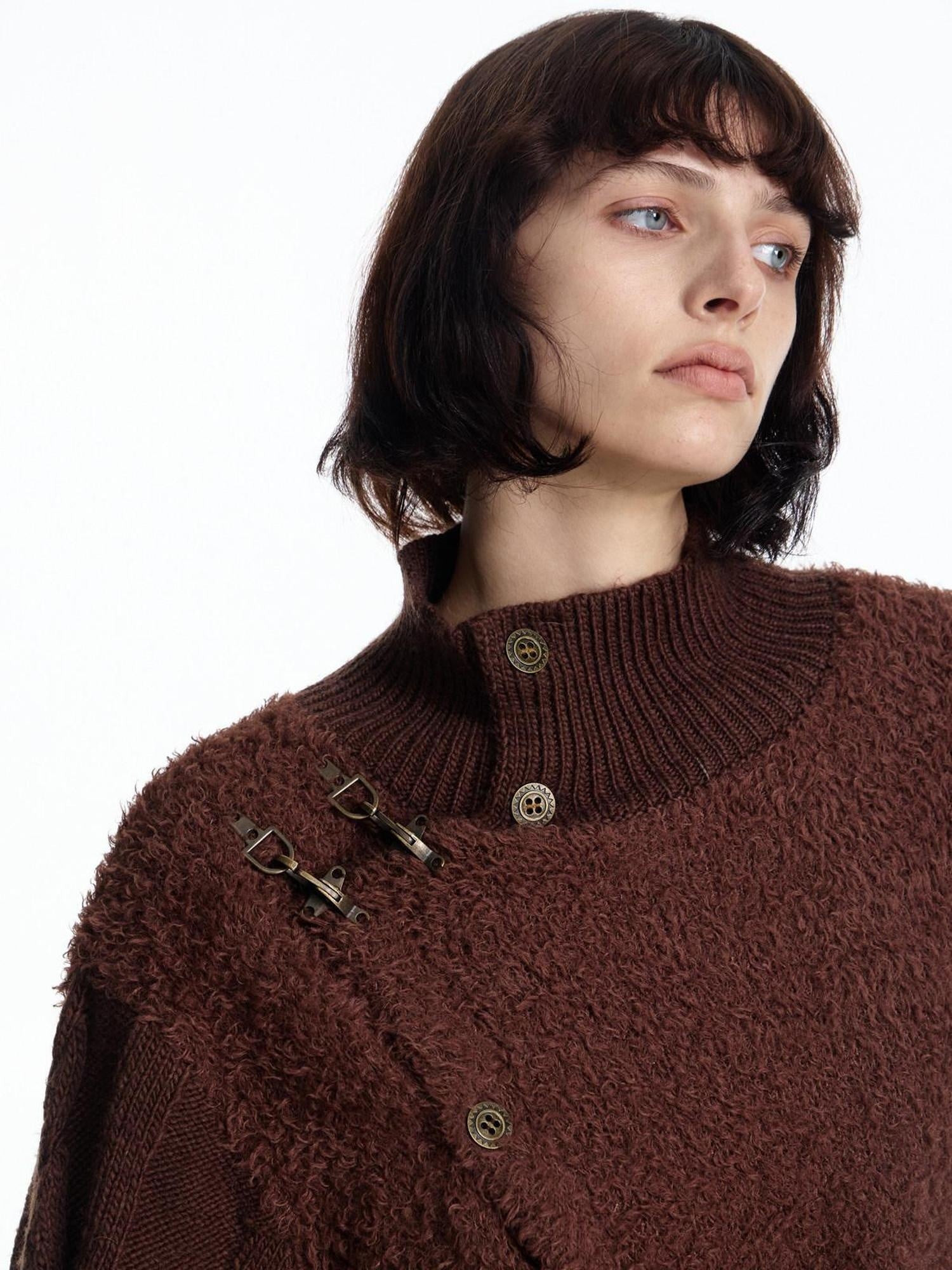 EMOBROTHER Warm Metal Accent Turtleneck Vintage Irregular Cable Knit Unisex Brown Sweaters