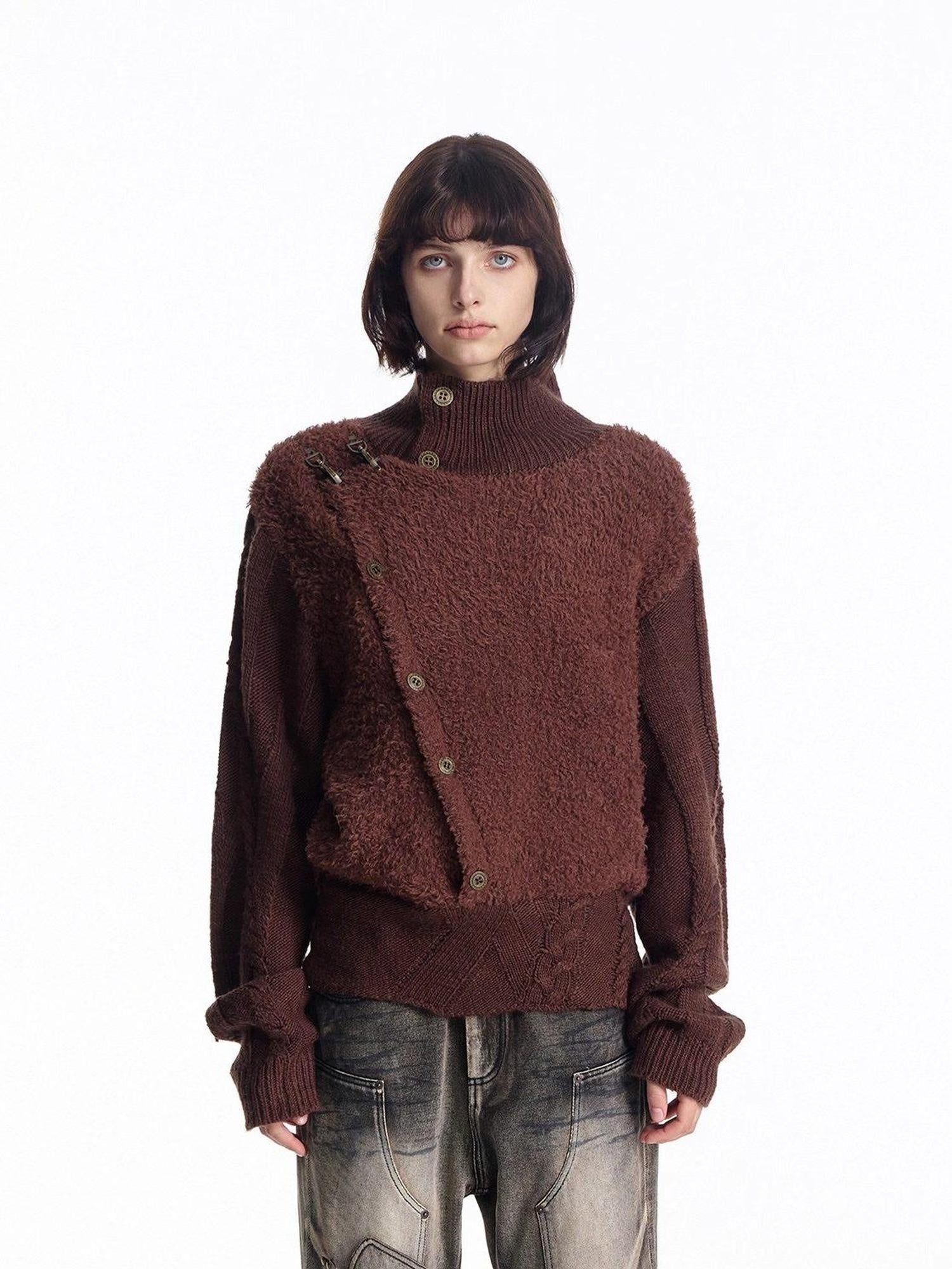 EMOBROTHER Warm Metal Accent Turtleneck Vintage Irregular Cable Knit Unisex Brown Sweaters
