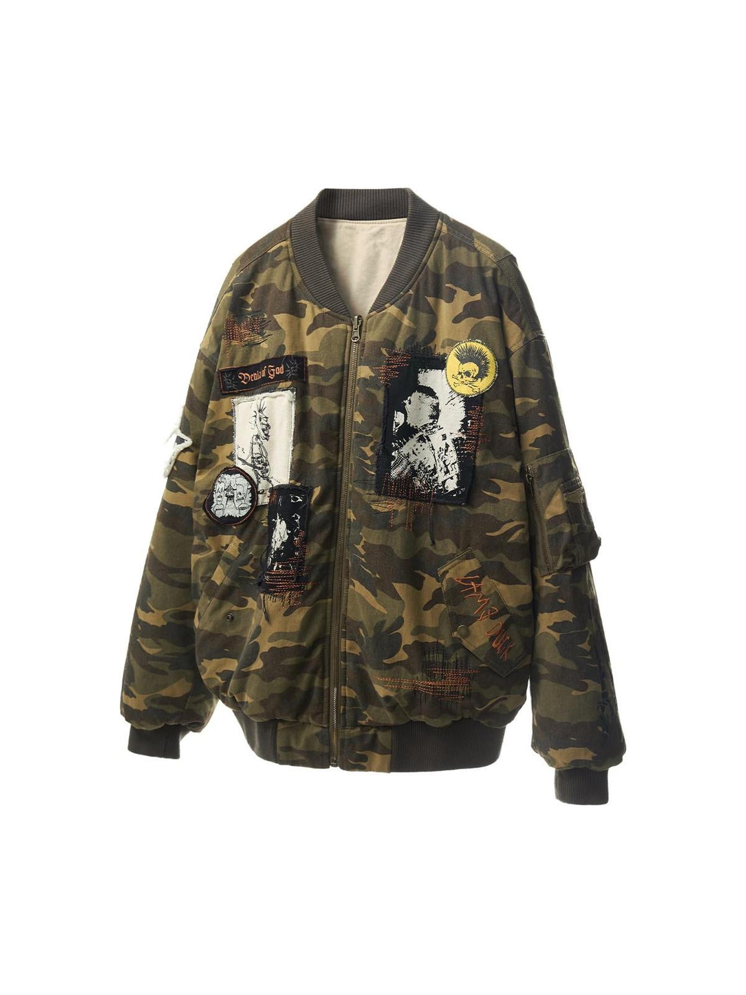 EMOBROTHER Warm Reversible Oversized Patch Applique Casual Camouflage Cotton Puffer Jackets