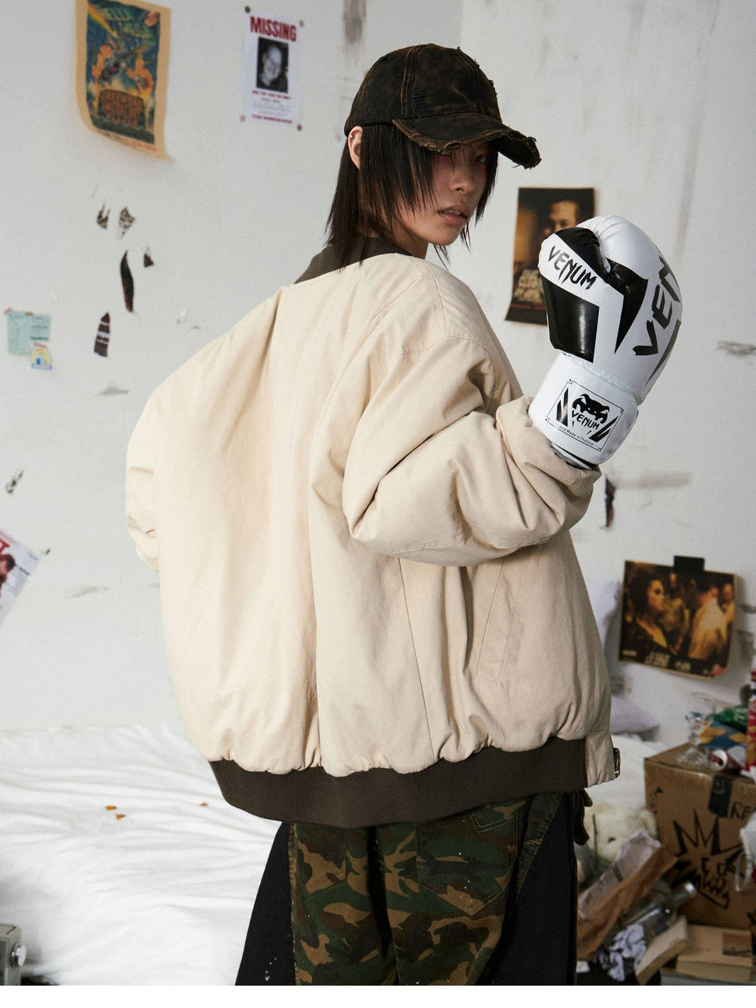 EMOBROTHER Warm Reversible Oversized Patch Applique Casual Camouflage Cotton Puffer Jackets