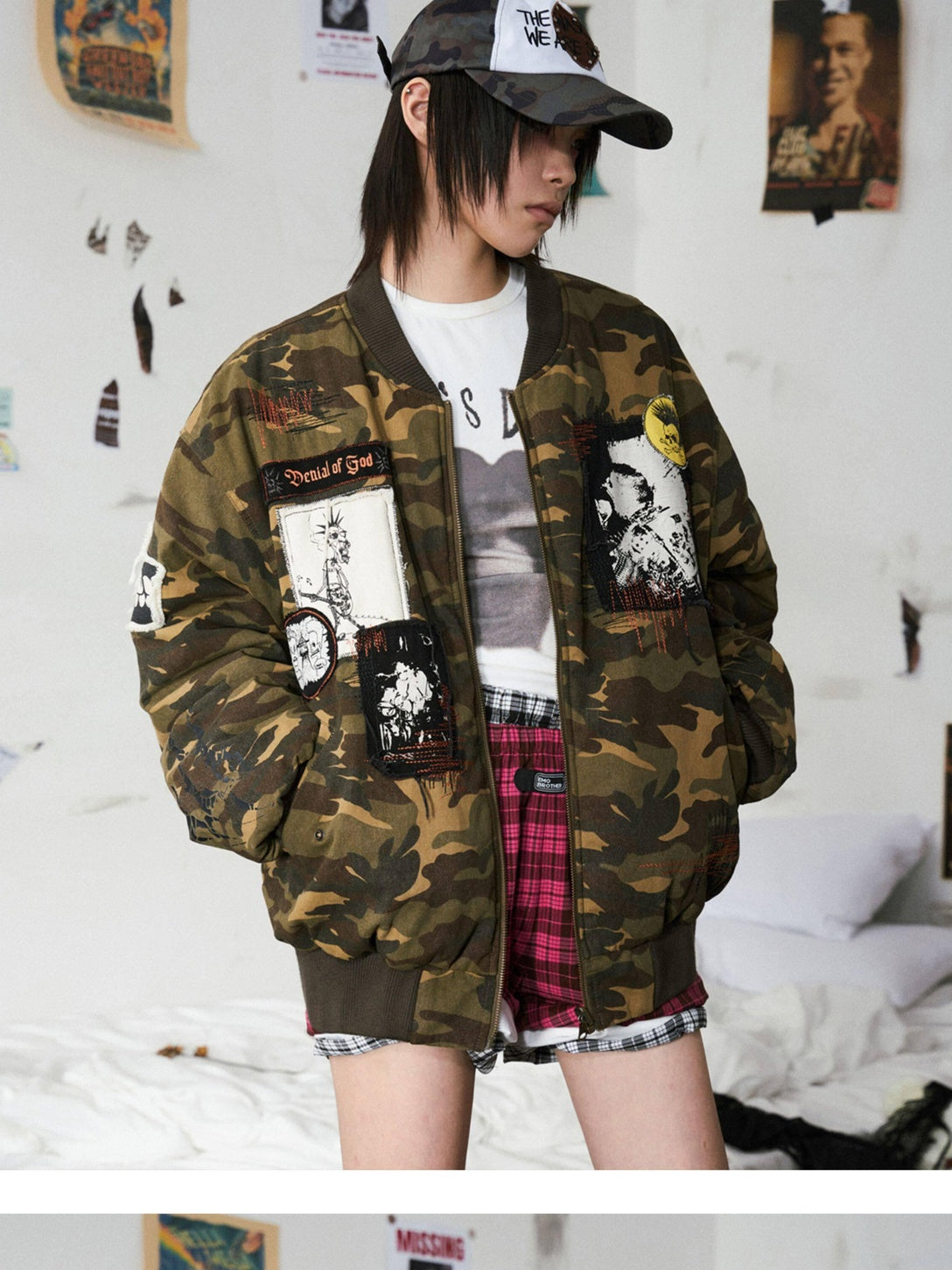 EMOBROTHER Warm Reversible Oversized Patch Applique Casual Camouflage Cotton Puffer Jackets