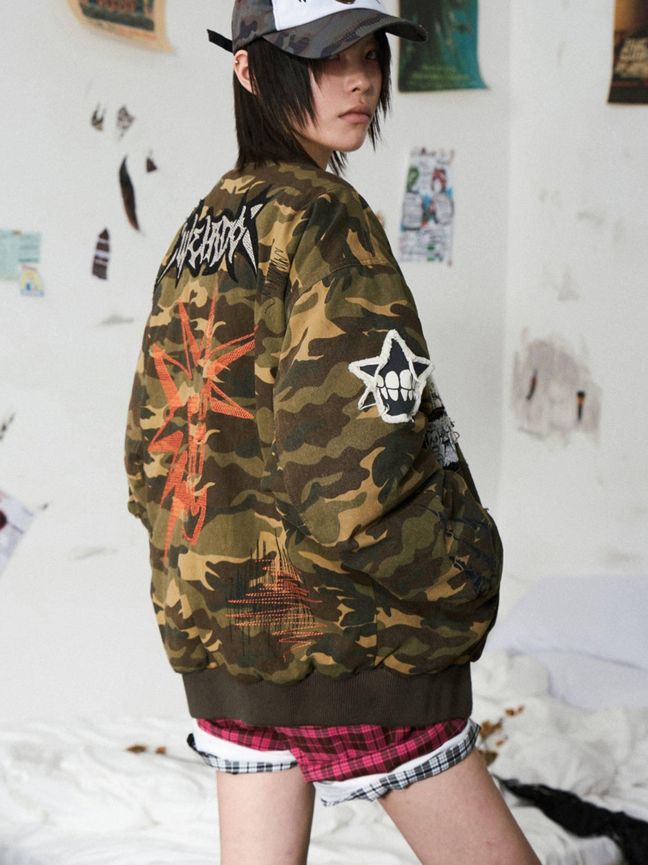 EMOBROTHER Warm Reversible Oversized Patch Applique Casual Camouflage Cotton Puffer Jackets