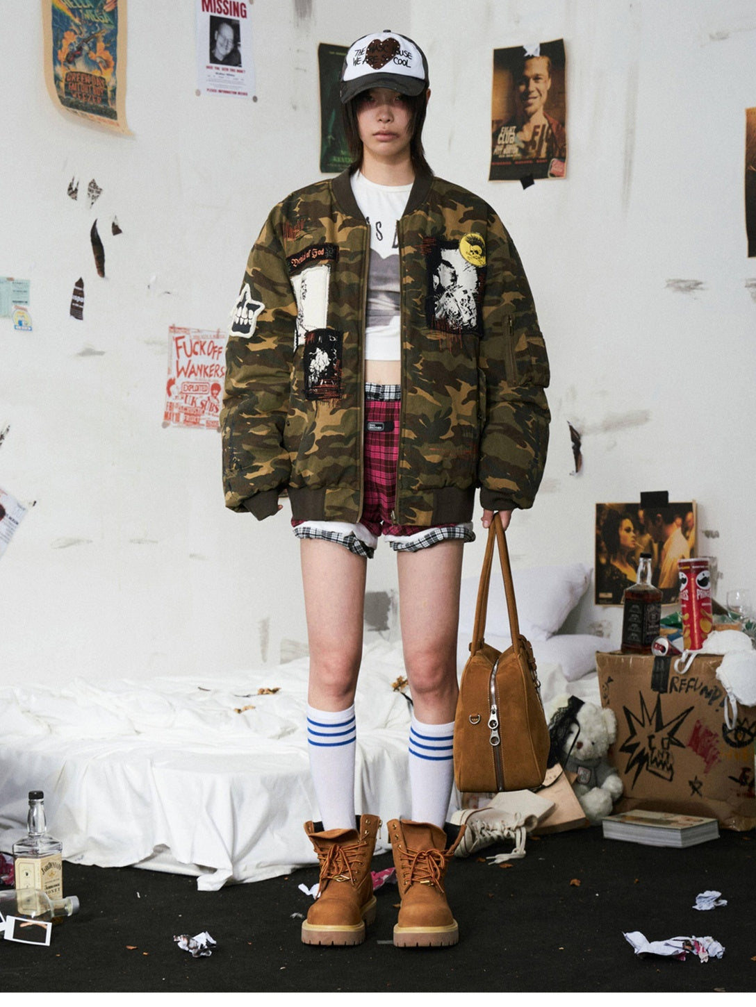 EMOBROTHER Warm Reversible Oversized Patch Applique Casual Camouflage Cotton Puffer Jackets