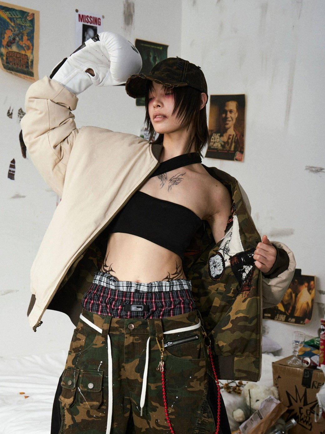 EMOBROTHER Warm Reversible Oversized Patch Applique Casual Camouflage Cotton Puffer Jackets