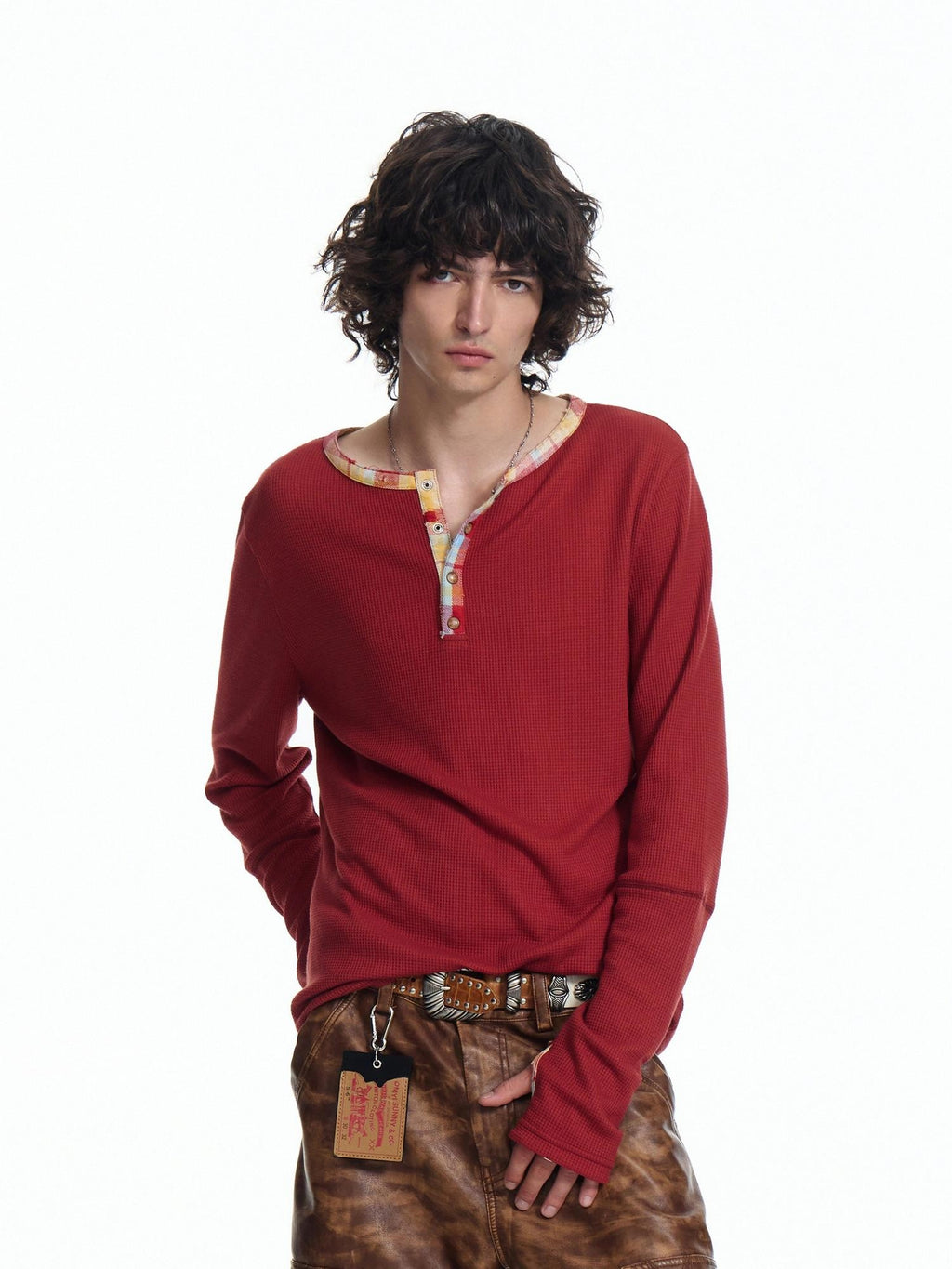 EMOBROTHER Warm Soft Blend Oversized Patchwork Waffle Unisex Casual Long Sleeve T-Shirts