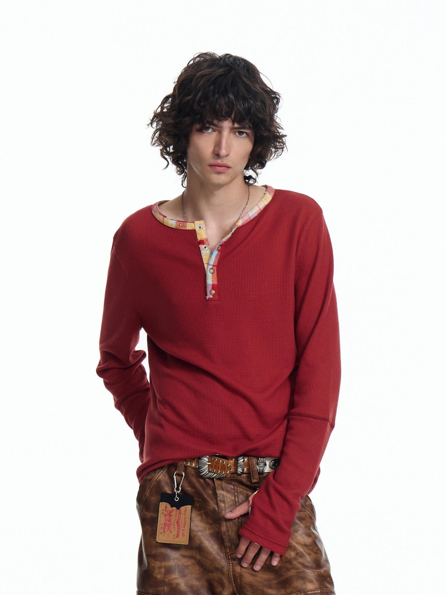 EMOBROTHER Warm Soft Blend Oversized Patchwork Waffle Unisex Casual Long Sleeve T-Shirts