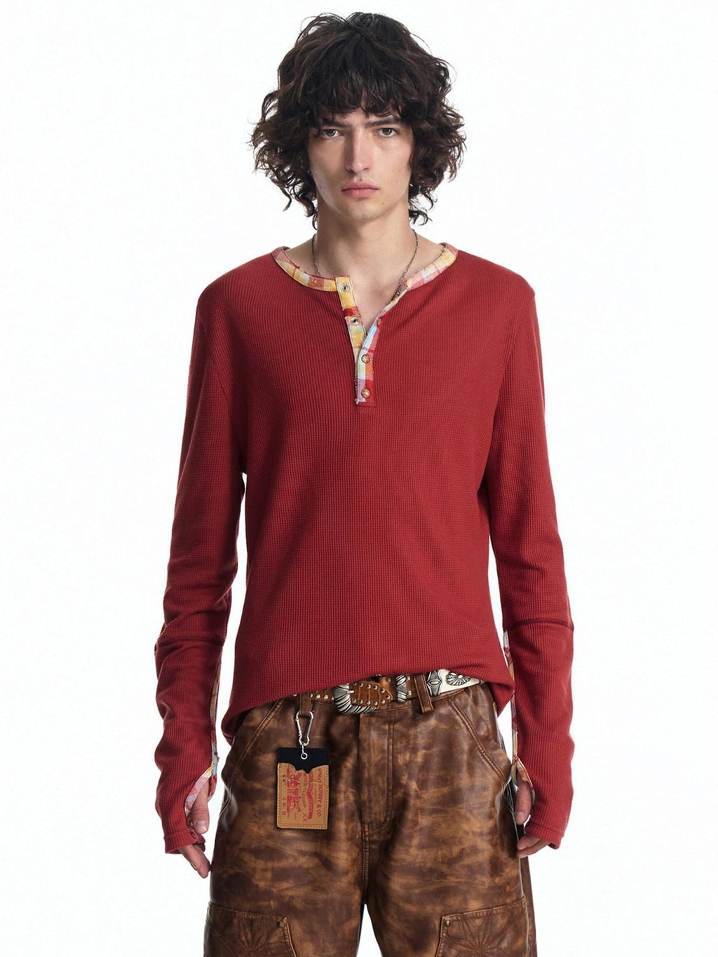 EMOBROTHER Warm Soft Blend Oversized Patchwork Waffle Unisex Casual Long Sleeve T-Shirts