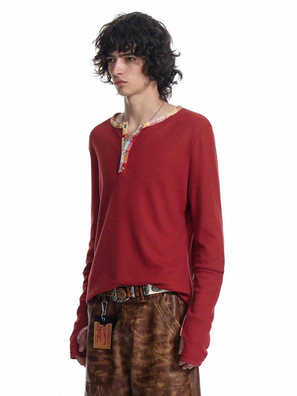 EMOBROTHER Warm Soft Blend Oversized Patchwork Waffle Unisex Casual Long Sleeve T-Shirts
