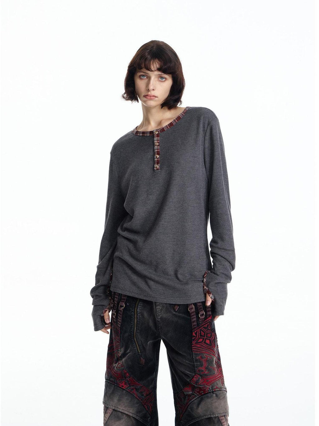 EMOBROTHER Warm Soft Blend Oversized Patchwork Waffle Unisex Casual Long Sleeve T-Shirts