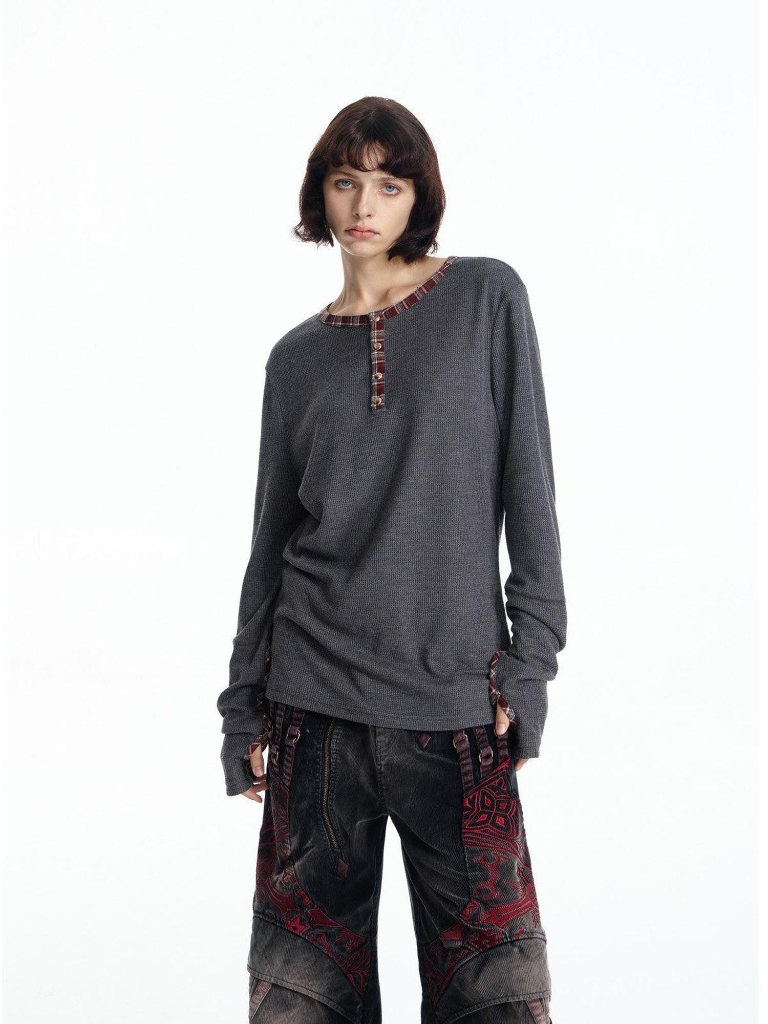 EMOBROTHER Warm Soft Blend Oversized Patchwork Waffle Unisex Casual Long Sleeve T-Shirts