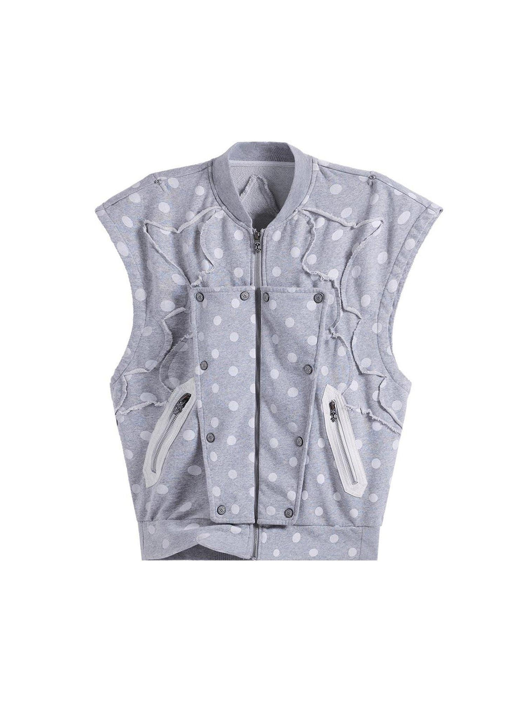 EMOBROTHER Warm Vintage Printed Stand Collar Unisex Teen Zipper Pocket Gray Polka Dot Vests