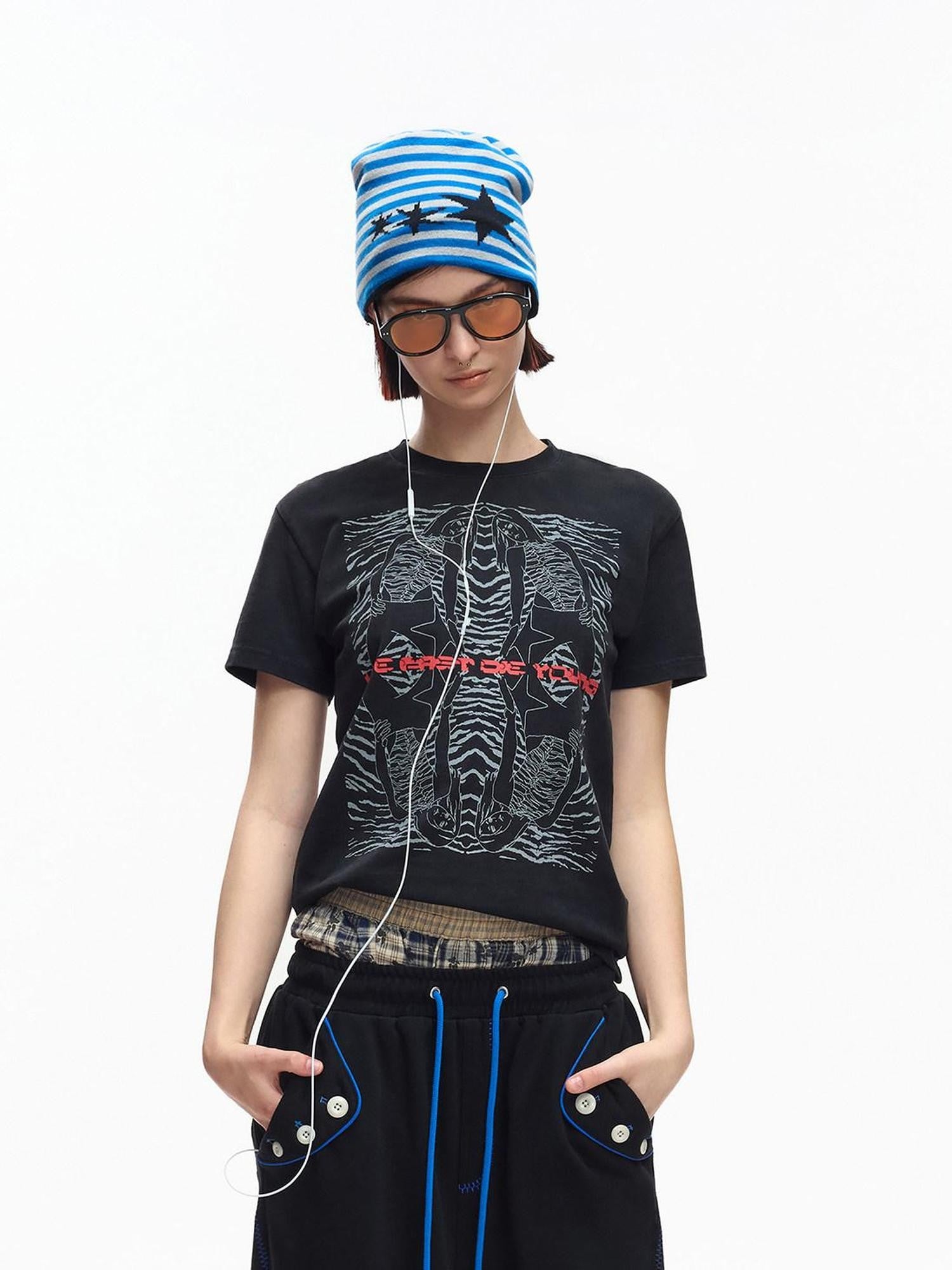 EMOBROTHER Washed Faded Tiger Portrait Print Women's Cotton Short Sleeve T-shirts