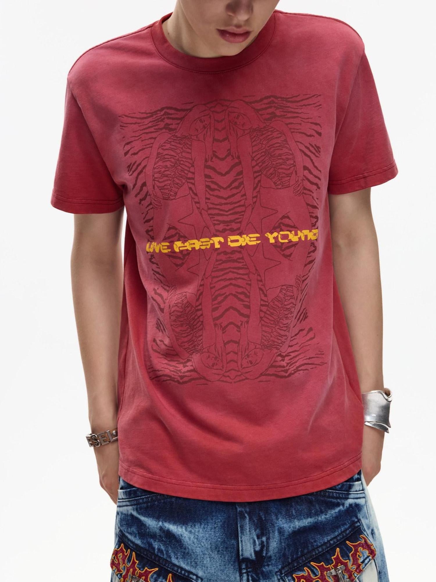 EMOBROTHER Washed Faded Tiger Portrait Print Women's Cotton Short Sleeve T-shirts
