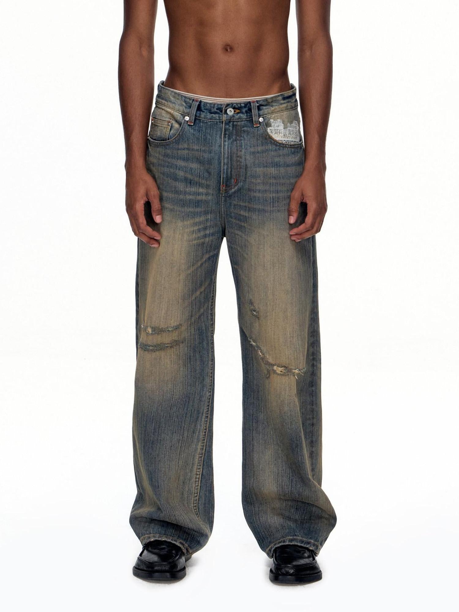 EMOBROTHER Wrinkle Free Cotton Mid Rise Whisker Ripped Casual Blue Straight Jeans