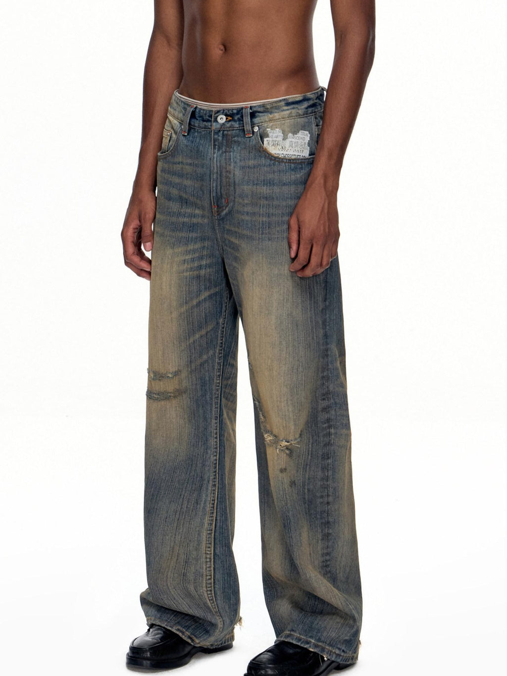 EMOBROTHER Wrinkle Free Cotton Mid Rise Whisker Ripped Casual Blue Straight Jeans