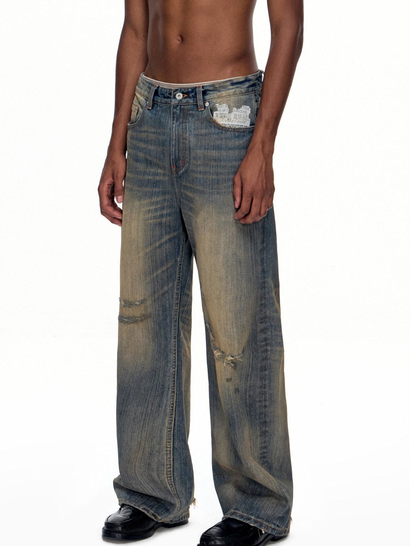 EMOBROTHER Wrinkle Free Cotton Mid Rise Whisker Ripped Casual Blue Straight Jeans