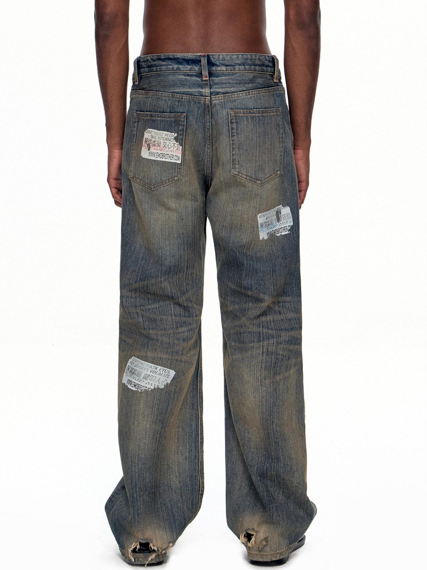 EMOBROTHER Wrinkle Free Cotton Mid Rise Whisker Ripped Casual Blue Straight Jeans