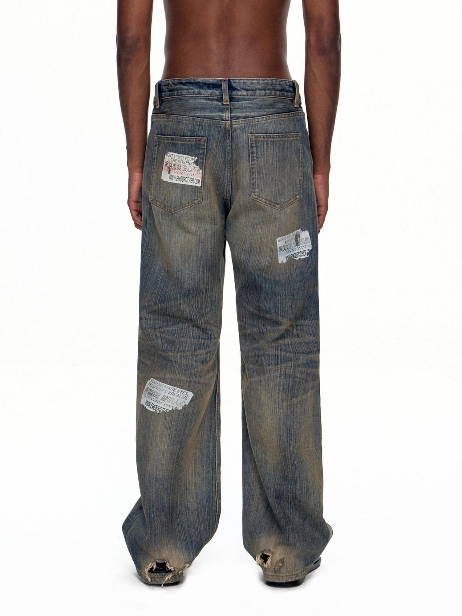 EMOBROTHER Wrinkle Free Cotton Mid Rise Whisker Ripped Casual Blue Straight Jeans