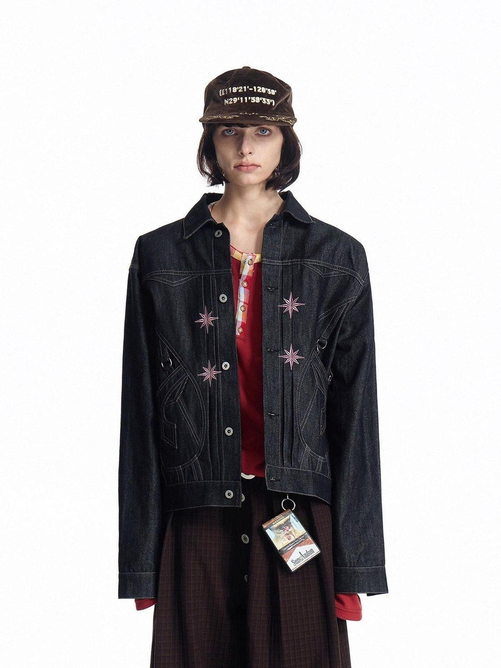 EMOBROTHER Wrinkle Free Embroidered Loose Fit Unisex Casual Cotton Black Denim Jackets